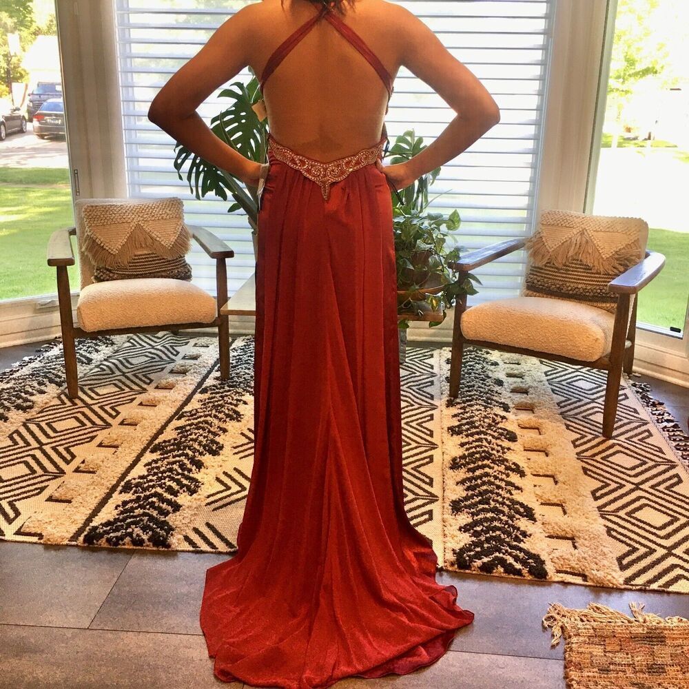 NOX NARIANNA Maroon Red Halter Rhinestone Prom Wedding Bridesmaid Formal Dress M - Picture 5 of 9